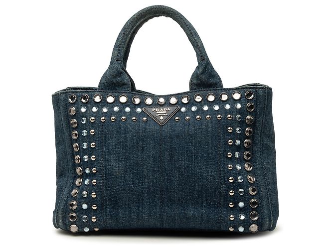Borsa Satchel Prada Blue Small Denim Canapa Bijoux