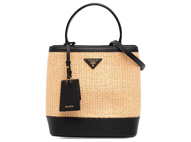 Sac Panier Paglia Prada Beige Medium avec bordures en Saffiano