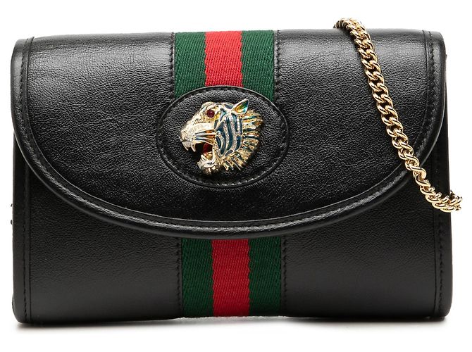 Gucci Mini Borsa a Tracolla Rajah Web Chain in Pelle di Vitello Nera Nero
