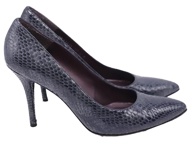 Stuart Weitzman Snake-Embossed Pointed Pumps in Navy Blue Leather