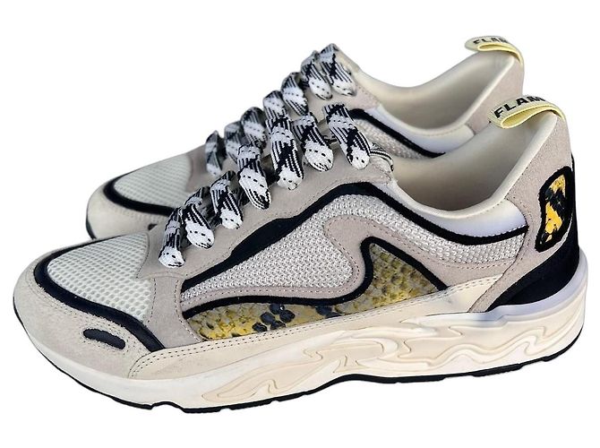 Sandro Flame Suede and Mesh Sneakers Black White Beige Yellow