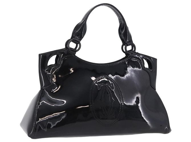 CARTIER Handtasche Lackleder Schwarz Silber Auth ki6838A