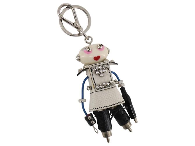 Porte-clés Robot PRADA en cuir Saffiano White LV Auth 204840M Blanc