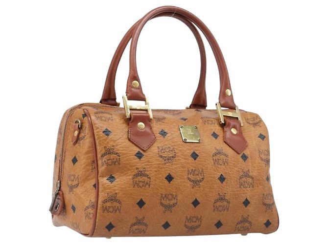 Bolsa Boston MCM Logogram Vicetos PVC Couro Marrom Dourado Auth 204073