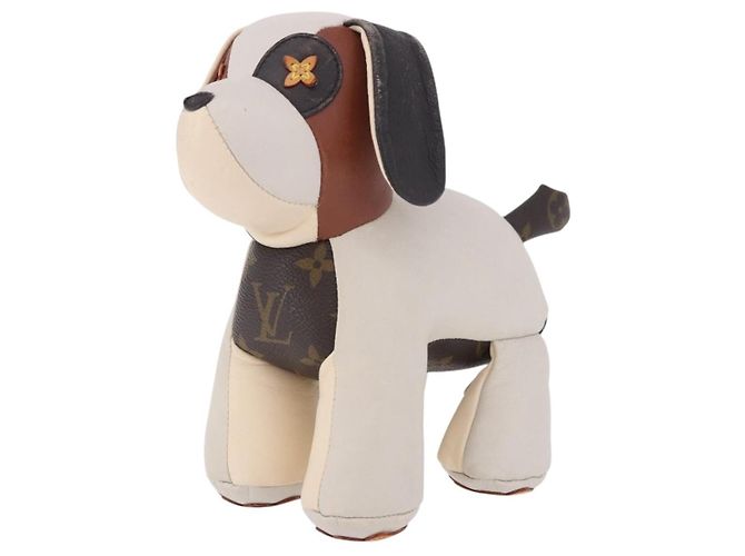 LOUIS VUITTON Monogram Dudu Oscar Stuffed Dog Leather Beige GI0251 Auth 167589A