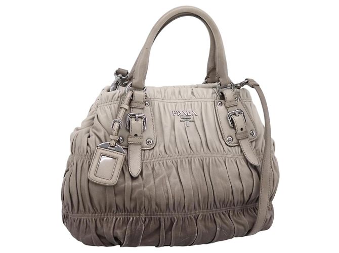 Bolsa de Mão Prada Gathered em Couro 2way Cinza Prata Auth 204095V Marrom