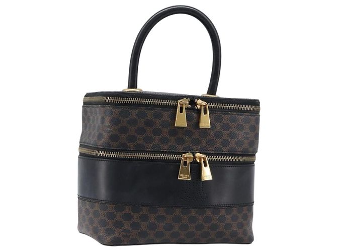 Céline Bolsa de Mão Vanity CELINE Macadam Canvas PVC Leather Black Gold Auth 201453A Preto Dourado