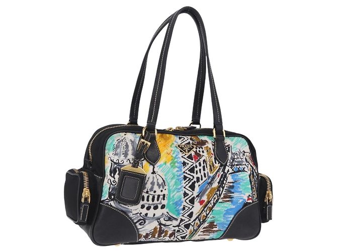 Borsa Tote PRADA Venice Nylon Pelle Multicolor Gold Auth am12575V Multicolore D'oro