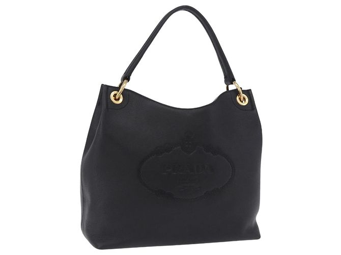 Bolsa de Ombro PRADA em Couro Preto e Dourado Auth ka6289M