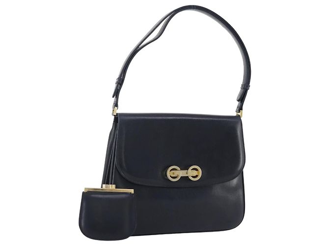 Bolsa de Ombro GUCCI em Couro Azul Marinho e Dourado Autêntica 205163