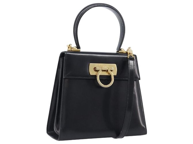 Salvatore Ferragamo Gancini Handtasche Leder 2way Schwarz Goldfarben Authentisch 204629V