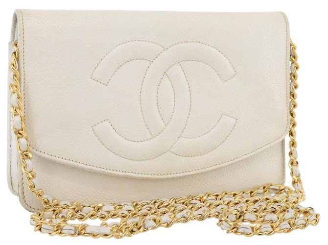 Bolsa de Ombro com Corrente CHANEL Couro Caviar White Gold CC Auth 204805 Branco Dourado