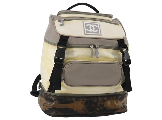 Mochila CHANEL Sports Line COCO Mark Nylon Couro Bege Silver CC Auth bs37020 Prata