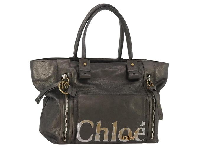 Chloé Saco Tote Chloe em couro cinza e dourado Auth BA15487 Marrom
