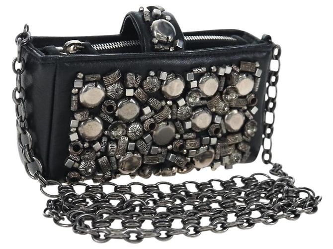CHANEL Chain Shoulder Pouch Lamb Skin Black Silver CC Auth 200770SAM Silvery