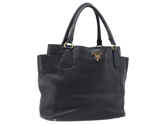 Sac à main PRADA Vitellolux en cuir noir et or Auth 204100V Doré