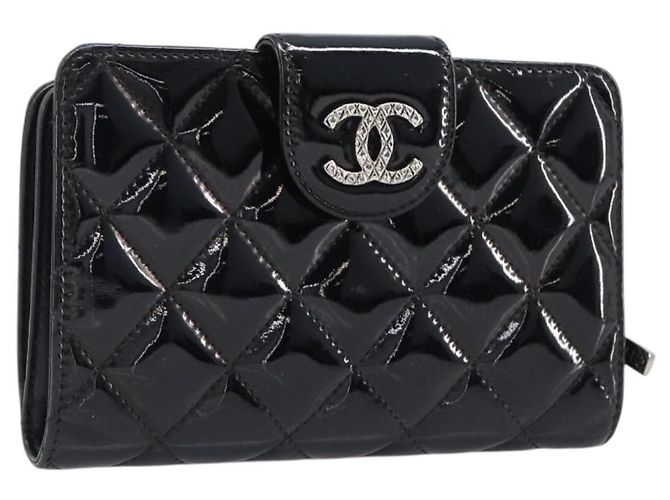 Cartera CHANEL Matelasse de piel charol negra plata CC Auth yk20916A Negro