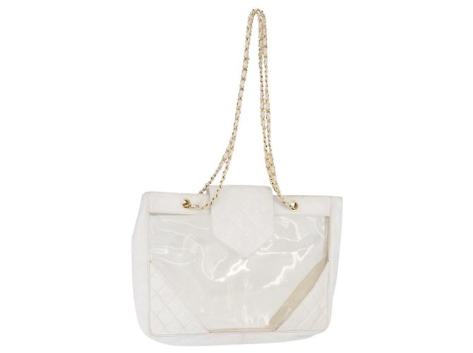 Sac à épaule CHANEL Matelasse à chaîne en vinyle blanc avec détails dorés CC Auth 201328