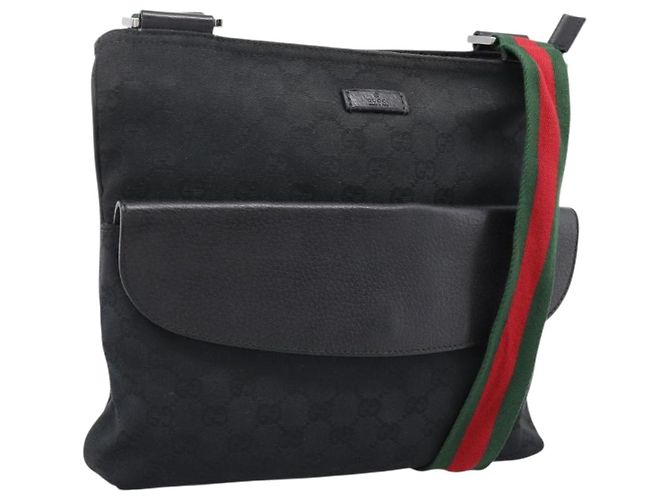 Bolsa de Ombro GUCCI GG Canvas Web Sherry Line Preta Prata 256100 Auth 204737A Preto