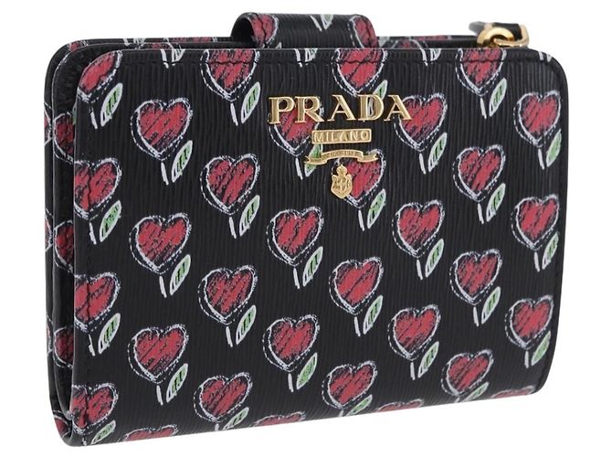PRADA Compact Wallet Leather Black Gold Auth 203694M Golden