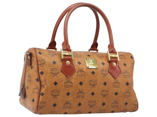 Bolsa MCM Vicetos Logogram Mini Boston Bag PVC Leather Brown Gold Auth ki6815 Marrom Dourado