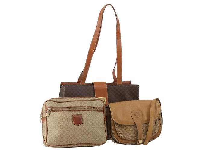 Céline Borsa a tracolla CELINE Macadam Canvas PVC Leather 3 Set Brown Beige Auth 203379 Marrone