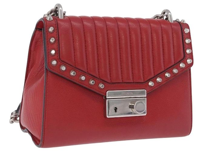 Bolso de hombro con cadena PRADA de cuero rojo plata Auth ka6268V Roja