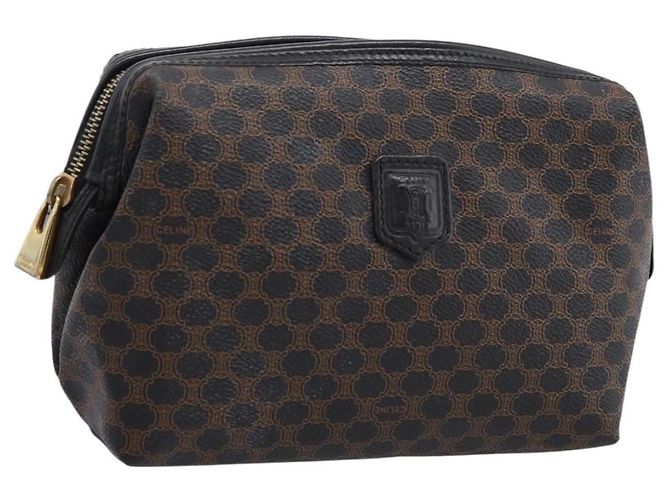 Céline CELINE Macadam Canvas Pouch PVC Leather Black Gold Tone Auth am12663V