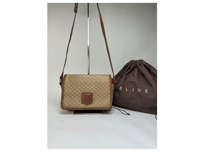 16 Céline Vintage Celine Macadam Canvas Umhängetasche mit Klappe Ende der 1980er Beige Brown