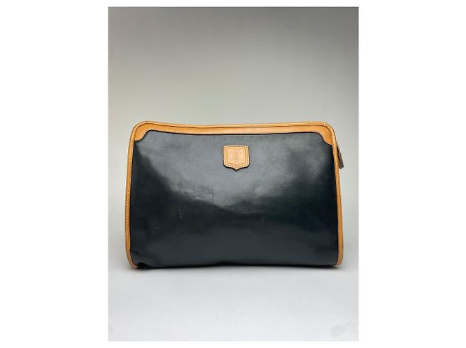 Céline Vintage Celine Blazon Leather Clutch Late 1980s Black Beige