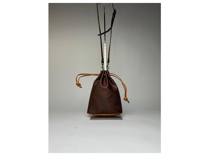 Vintage Etro Paisley Canvas Drawstring Bucket Bag c. 2000 Dark Brown Beige