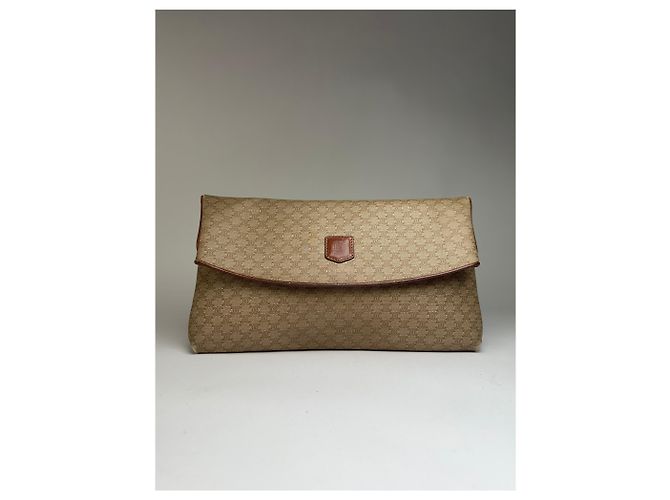 Céline Vintage Celine Macadam Canvas Flap Clutch Late 1980s Beige Brown