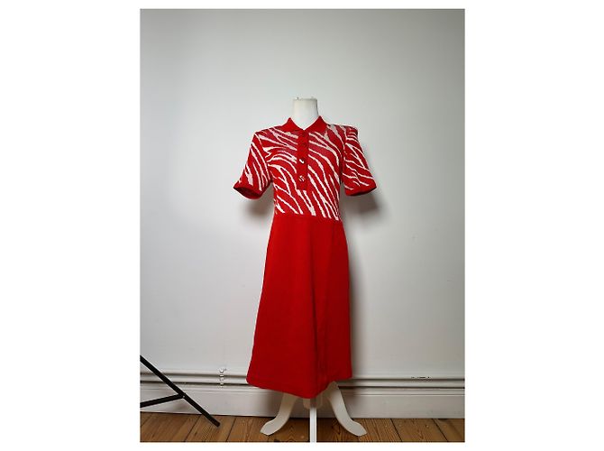 Vintage Yves Saint Laurent Strickkleid Zebra Ende der 1990er Jahre rot weiß M