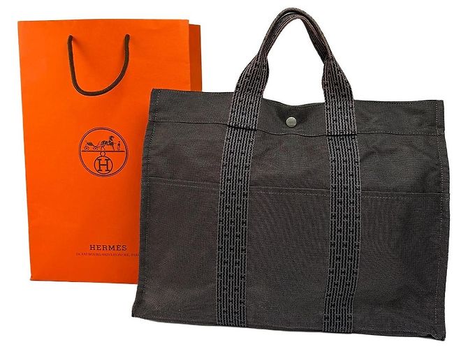 Sac cabas Vintage Hermes Hermès Herline Canvas Gris Foncé Noir