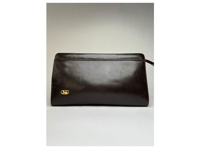 Céline Vintage Celine Smooth Leather Flat Clutch c. 1980s Dark Brown
