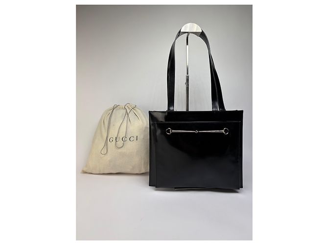 Vintage Gucci Lackleder Tote Ende 1990er Schwarz Silber