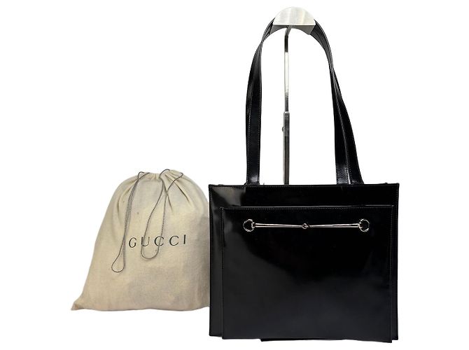 Sac Tote Vintage Gucci en cuir verni fin 1990s Noir Argent