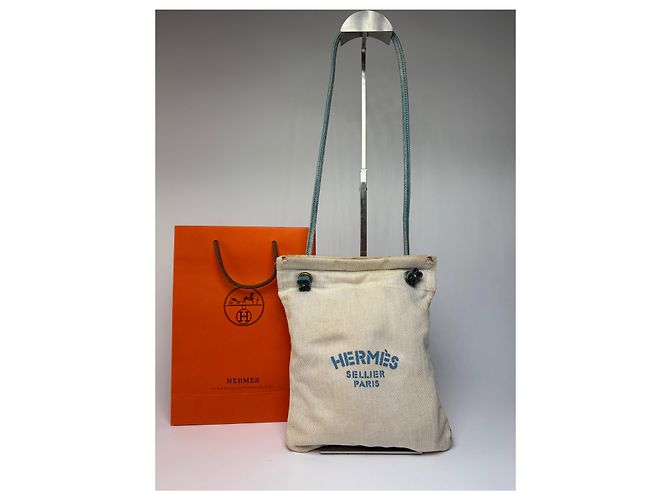 Trim Pouch con coulisse Vintage Hermes Hermès in cotone Herringbone Beige Blue