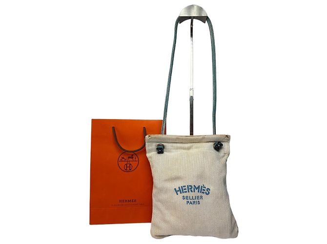 Trim Pouch con coulisse Vintage Hermes Hermès in cotone Herringbone Beige Blue