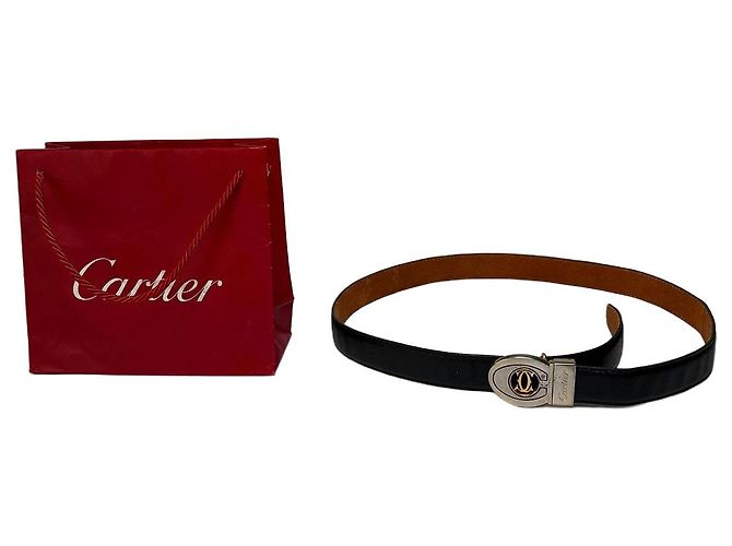 Vintage Cartier Leather Belt Double C Buckle Late 1980s Black Gold