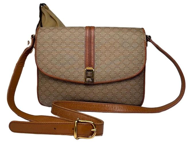 Triomphe Céline Vintage Celine Macadam Canvas Flap Crossbody Bag c. 2006 Beige Brown