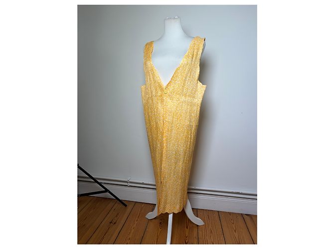 Vintage Issey Miyake Plisseertes Maxi Kleid Gelb Weiß M