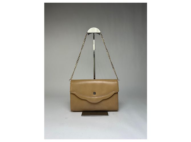 Vintage Givenchy Flap Crossbody Bag Light Beige Gold-Tone Chain Metallic