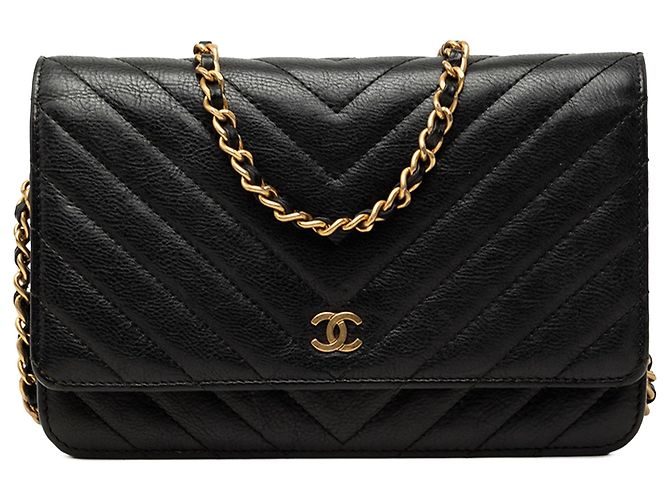Borsa a tracolla Chanel CC Chevron in vitello Wallet On Chain nera Nero