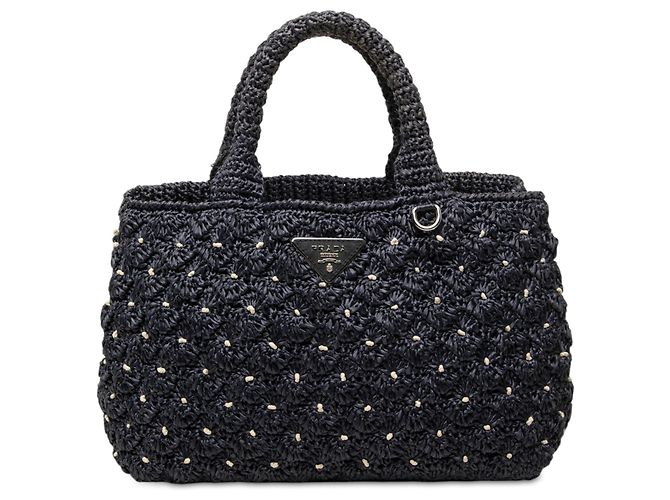 Bolsa Prada em crochê com efeito de ráfia azul com bolinhas