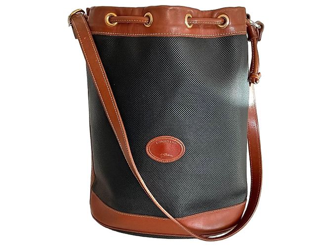 Borsa a secchiello Longchamp in pelle e tela rivestita Marrone Nero