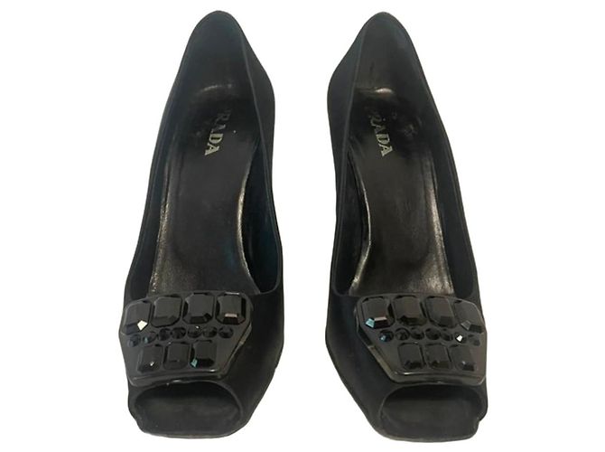 Prada Black Satin Crystal Open-Toe Pumps