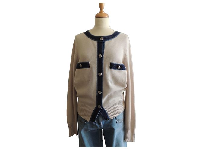 Chanel Langer Kaschmir-Cardigan beige und jeansblau Größe 40