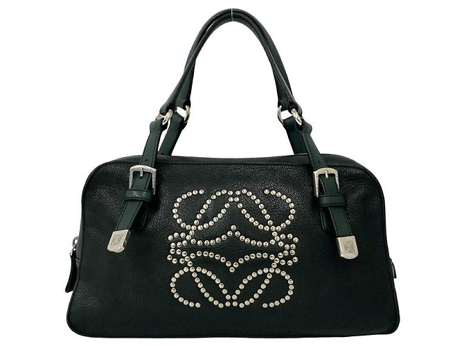 Bolsa de mão em couro Loewe Anagram com logo cravejado Mini Boston Bag Verde