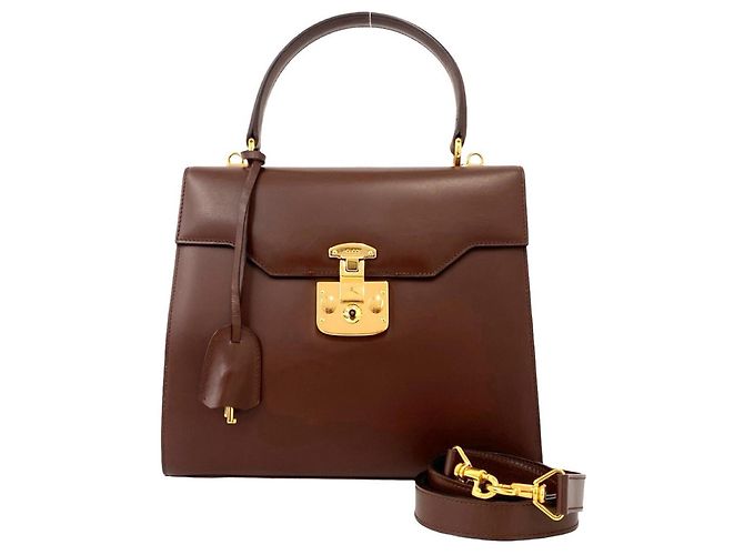 Bolsa de ombro 2 vias em couro com logo e fecho Old Lady Lock GUCCI Marrom